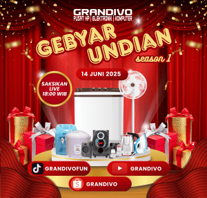 Poster acara Gebyar Undian Grandivo Season 1 yang menampilkan tanggal 14 Juni 2025, waktu acara 18:00 WIB, dengan berbagai hadiah elektronik seperti mesin cuci, blender, dan hadiah lainnya, dikelilingi dengan dekorasi merah dan emas serta gambar media sosial.